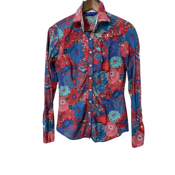 Georg Roth Women's Floral Blouse XS Multi-Color Flip Cuff Sequin Collar Casual - Picture 1 of 10